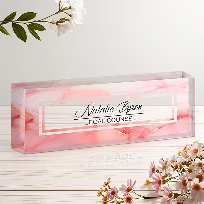 Ship Next Day Personalized Name Plate for Desk, Custom Acrylic Desk Name Sign, Office Appreciation Gifts for Women Men Coworkers Boss Teacher Employee (Pink Marble)