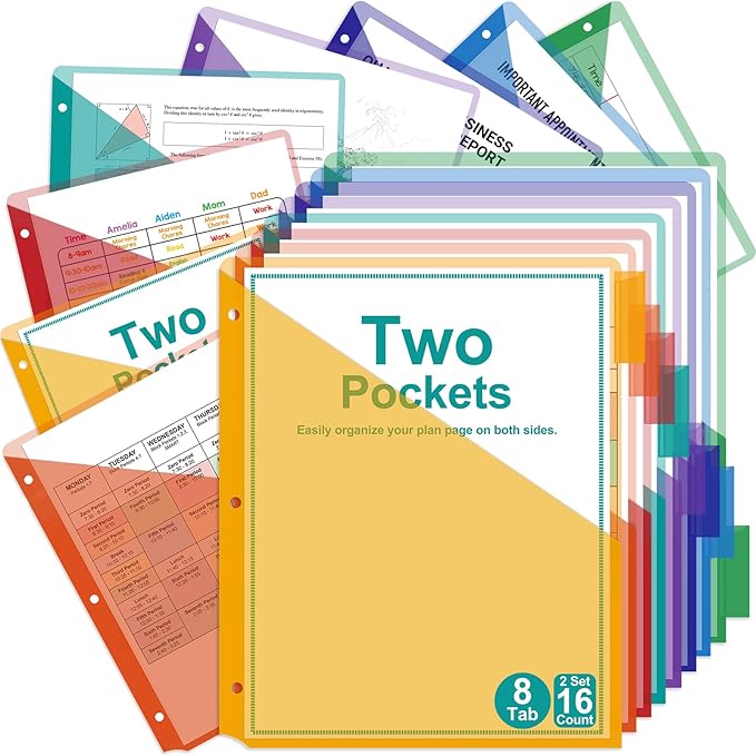16 Count Pocket Index Dividers Akuoly Binder Dividers for 3 Ring Binders with Pockets on Both Sides, Bright Vibrant Colors for School Office Organization, 8 Tabs to Sort per Set, Plastic