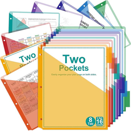 16 Count Pocket Index Dividers Akuoly Binder Dividers for 3 Ring Binders with Pockets on Both Sides, Bright Vibrant Colors for School Office Organization, 8 Tabs to Sort per Set, Plastic