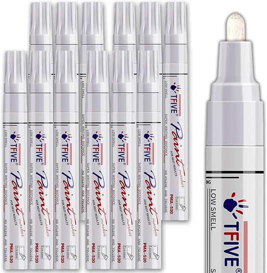 White Paint Pens Markers - 12 Pack Oil Based Permanent Marker, Medium Tip, Never Fade, Quick Dry, Waterproof Paint Pen for Rocks Painting, Wood, Fabric, Plastic, Canvas, Glass, Metal