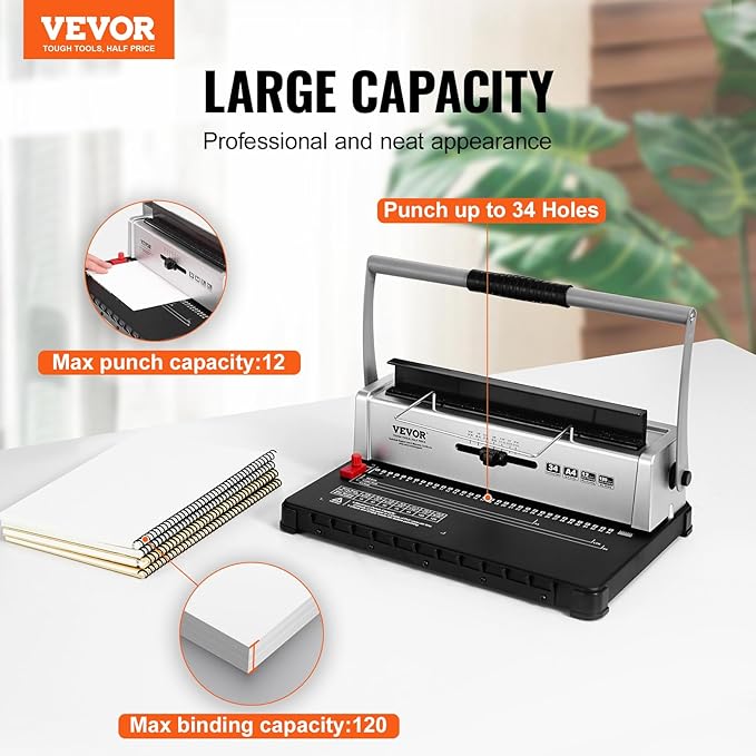 VEVOR Coil Binding Machine, Manual Book Maker 34-Holes Binding 120 Sheets, Punch Binder with Adjustable Side Margin, for Letter Size, A4, A5