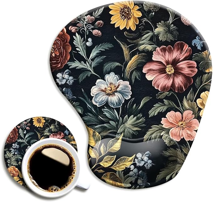 DOOKE Ergonomic Mouse Pad with Wrist Support,Mouse Pad with Wrist Rest and Coaster Set,Office Supplies Non-Slip Mouse Pads for Desk,Comfortable Cute Retro Floral