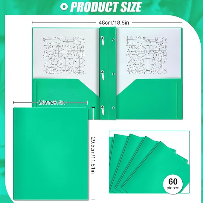 Yeaqee 60 Pcs Plastic Folders with Pockets and Prong Plastic Folders with 2 Pockets Pocket for Office, School for Students, Teachers, Office Workers (Green)
