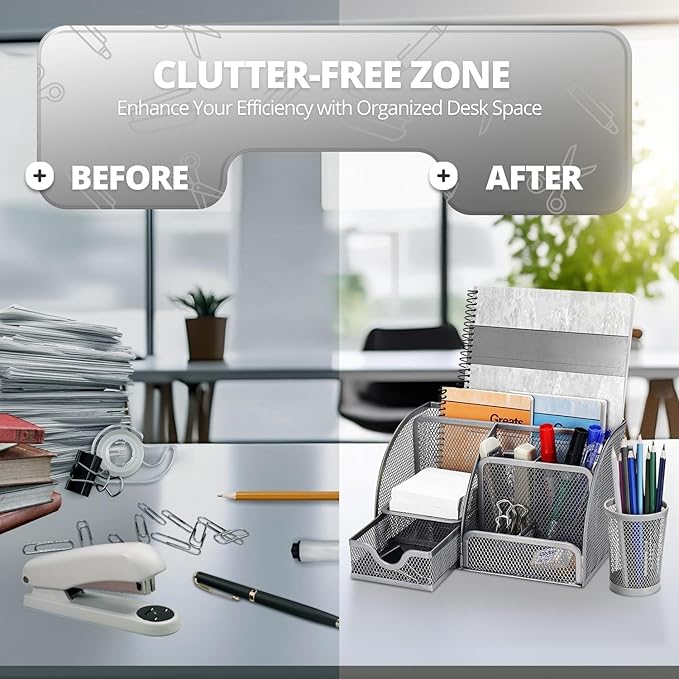 Flexzion Desk Caddy Organizer Set (Silver Gray) - Metal Mesh Desktop Caddy with Drawers, 6 Compartments, and Pencil Holder for Women & Men - Desktop Organizer and Storage for Work or Office Supplies