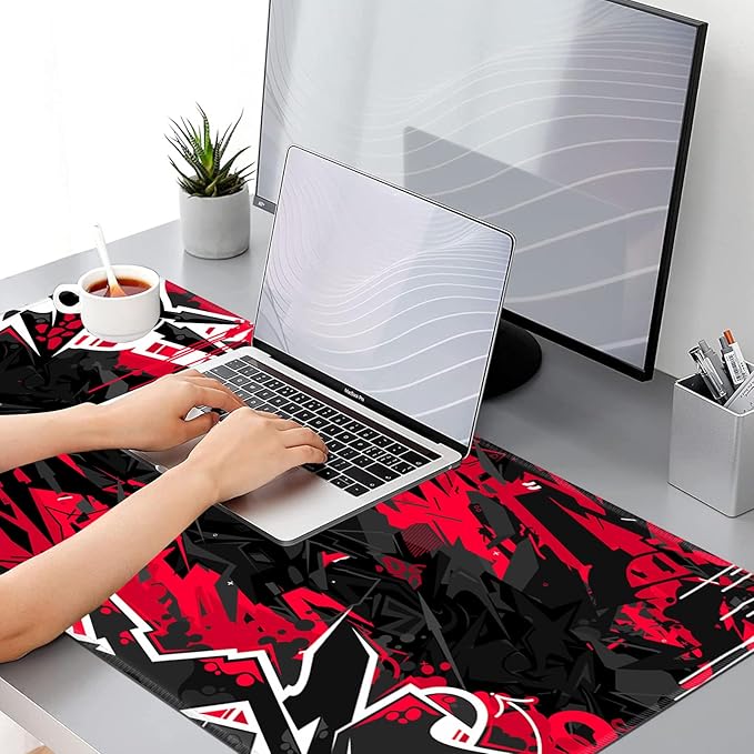 Gaming Mouse Pad, EDGFRTOIO Keyboard Mouse Pad 31.5x15.7 inch XXL Large Computer Laptop Cool Desk Mat with Non-Slip Rubber Base and Stitched Edge for Home Office Work, Black Red Graffiti