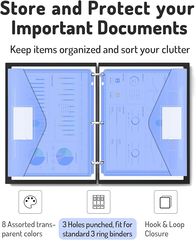 Forvencer Binder Pocket, 24 Pack Super Heavyweight Poly Binder Pocket with Tight Closure, Binder Folders Side Loading, 3 Ring Binder Pocket, Binder Dividers with Pockets, Letter Size, Assorted Colors