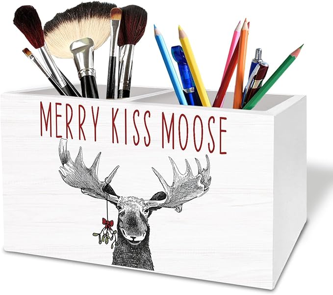 Christmas Funny Moose Pen Holder for Desk, Merry Kiss Moose Christmas Wooden Box Sign Desk Decor for Home Office Decoration, Holiday Xmas Deer Pencil Organizer, Elk Decor
