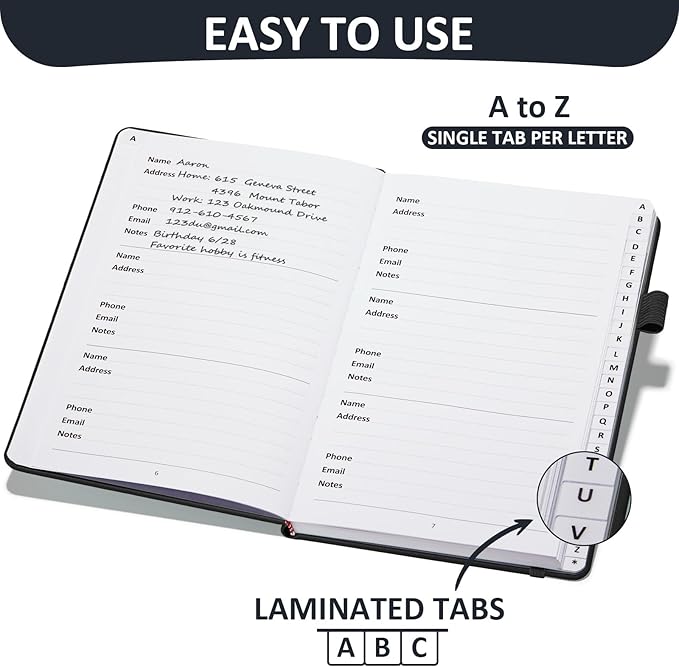 Address Book with Individual Alphabetical Tabs Laminated, Large Print Address Book with 468 Wide Lining Entry Spaces, Change of Address Labels, Hardcover Address Book 5.7 x 8.5" - Black