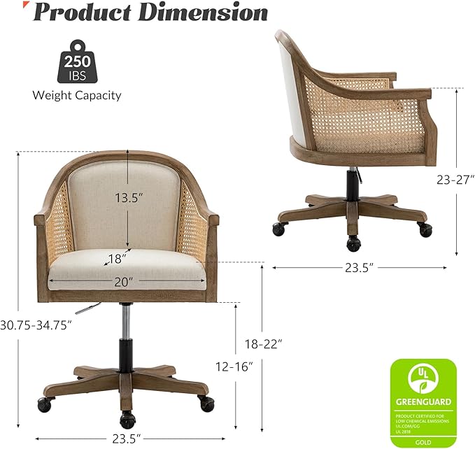 HULALA HOME Rattan Desk Chair, Upholstered Home Office Chair, Vintage Office Chair with Armrest, Adjustable Swivel Rolling Height Task Chair for Living Room Bedroom Study Room, Ivory