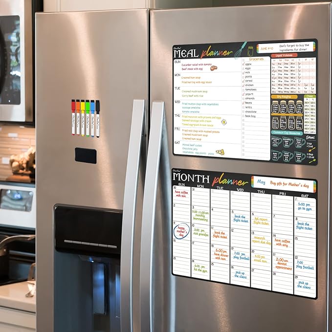 Magnetic Dry Erase Monthly Calendar and Menu Board - 17"x12" Monthly Planner and Meal Planning Board for Fridge - 6 Extra Fine Point Markers Included - Shipped Flat