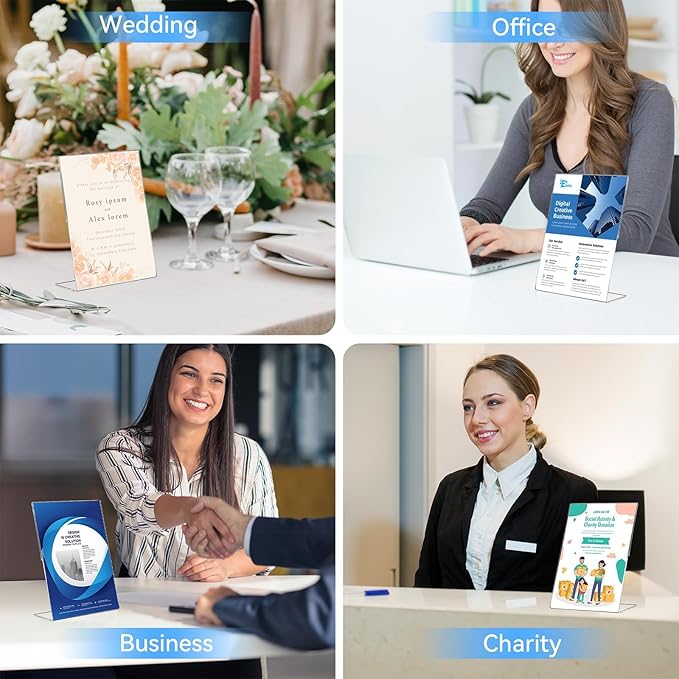 EHWINE 6 Pack 5 x 7 Acrylic Sign Holder, Clear Plastic Signs Display Stand, Vertical Slanted Back Paper Holder Stand up Table Top Sign Holders Flyer Stand Frames Suitable for Office Business Store