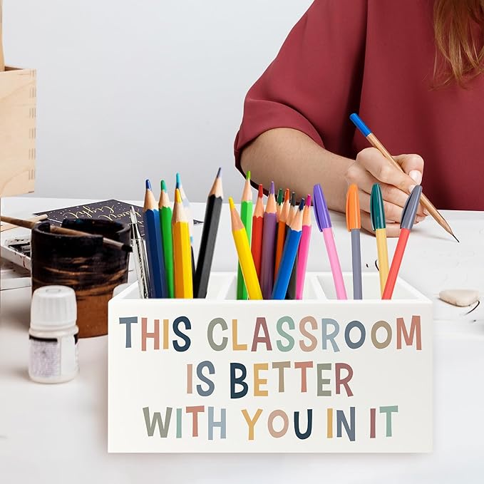 Boho Classroom Pen Pencil Holder Organizer for Desk, This Classroom Is Better With You in It Wooden Box Signs Decorations for Home Office Desk Tabletop, Back to School Supplies