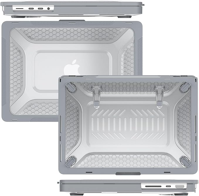 KEROM Heavy Duty Case for MacBook Pro 14 inch 2025-2021 M5 M4 M3 M2 M1 Chip A3434 A3112 A3185 A3401 A2918 A2992 A2779 A2442, Rugged TPU Bumper Hard Shell with Foldable Kickstand & Keyboard Cover, Grey