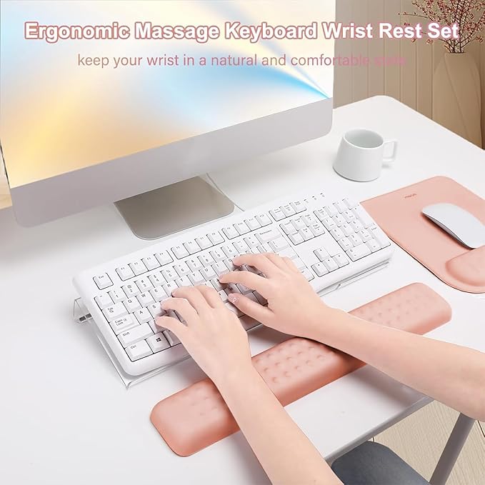 MOSISO Computer Keyboard Stand&Wrist Rest Support for Keyboard &Mouse Pad Set, Ergonomic Massage Wrist Rest Set, Easy Typing Working Acrylic Clear Stand for Office Home, Mocha