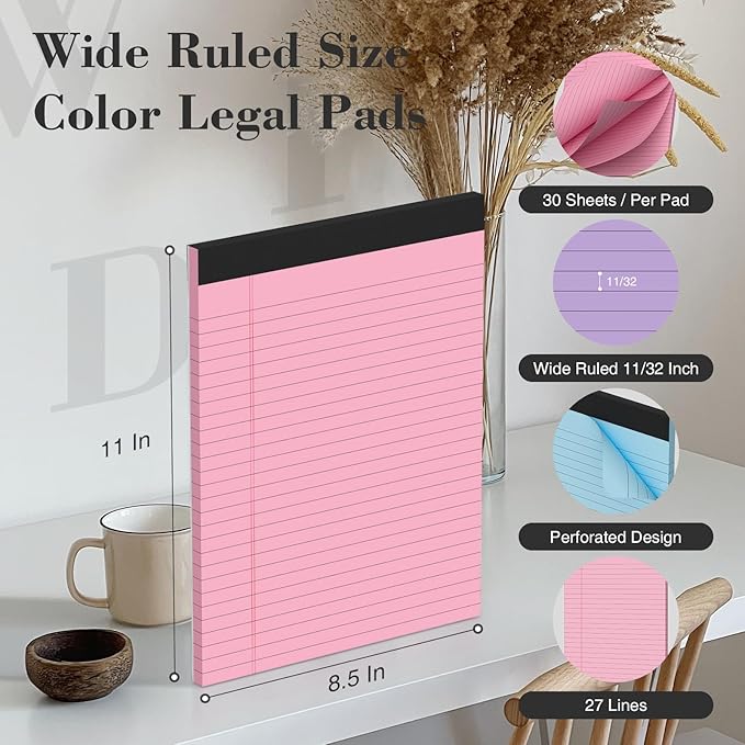 Colored Legal Pads 8.5x11 Legal Pads 6 Pack Wide Ruled Notepads Colored Note Pads Perforated Legal Notepads 21LB Legal Pad 30 Sheets Writing Pads for School, College, Office (Pink/Blue/Purple)