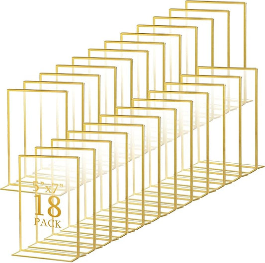 Hoteam 18 Pack Acrylic Sign Holder 5 x 7 Inch Gold Frames Wedding Table Number Holders, Double Sided Picture Frame Clear Display Menu Stand for Home Photo Flyers Wedding Party (Vertical)