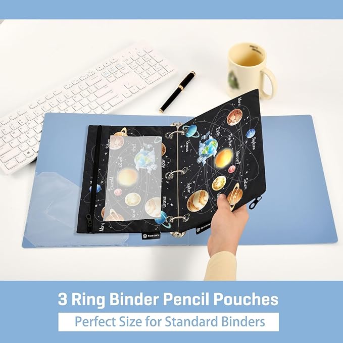 Solar System Pencil Pouch for 3 Ring Binder, 2 Pack Waterproof Pencil Bags Clear Window Zipper School Office Supplies