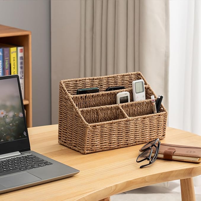 Woven Divided Storage Basket Desk Organizer Tabletop Mail Holder Countertop Paper Woven Basket Home Office Supplies (4 Compartments)