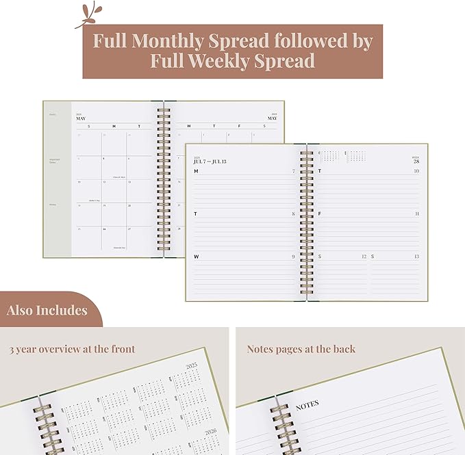 Rileys & Co 2025 Simple Weekly Planner - Annual Weekly & Monthly Agenda Planner, Jan - Dec 2025, Hardbound Cover, Notes Pages, Twin-Wire Binding (6 x 8-Inches, Green)