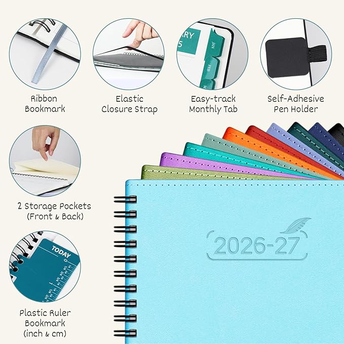 BEZEND Monthly Planner 2026-2027 (Spiral-8.5" x 11") 2 Year Calendar Book with Note Pages - Jan 26 to Dec 27-120 GSM Paper, Inner Pockets, Laminated Tabs, Vegan Leather Softcover - Blueberry