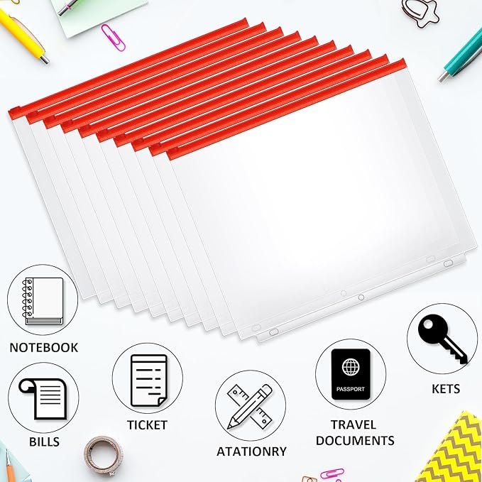 40 Pieces Binder Pockets 3 Hole Zipper Pouch 3 Ring A4 Pockets with Zipper Binder Folders Plastic Pouches Loose Leaf Bags Waterproof PVC Document Filing Bag(Red,A4)