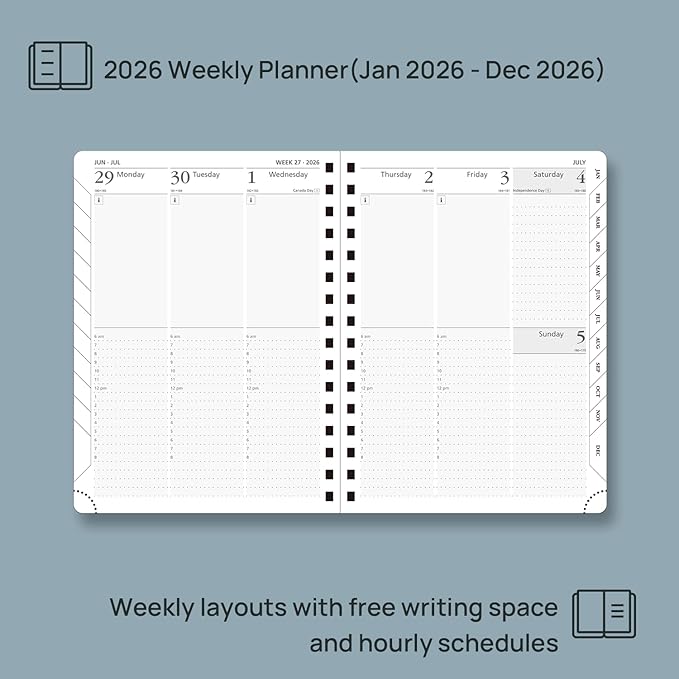 POPRUN 2026 Planner (Medium Size 8.5'' x 6.25'' Wire-Bound Hard Cover) Daily Weekly and Monthly Calendar - Agenda 2026 (Jan.2026-Dec.2026) with Hourly Schedule, Monthly Tabs - Pacific Green