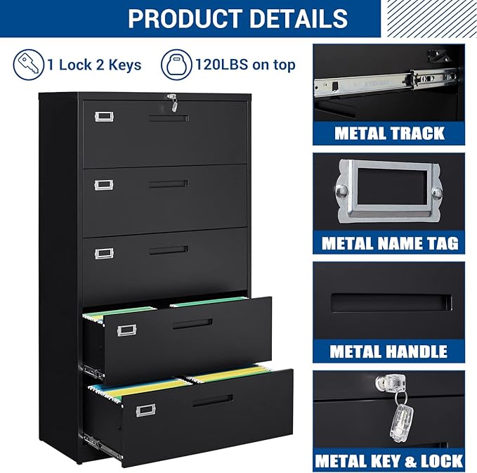 Lateral File Cabinet with 5 Drawers - Metal Steel Filling Cabinets for Home Office - Lockable Storage Cabinet for Hanging Files Letter/Legal/F4/A4 Size-Assembly Required