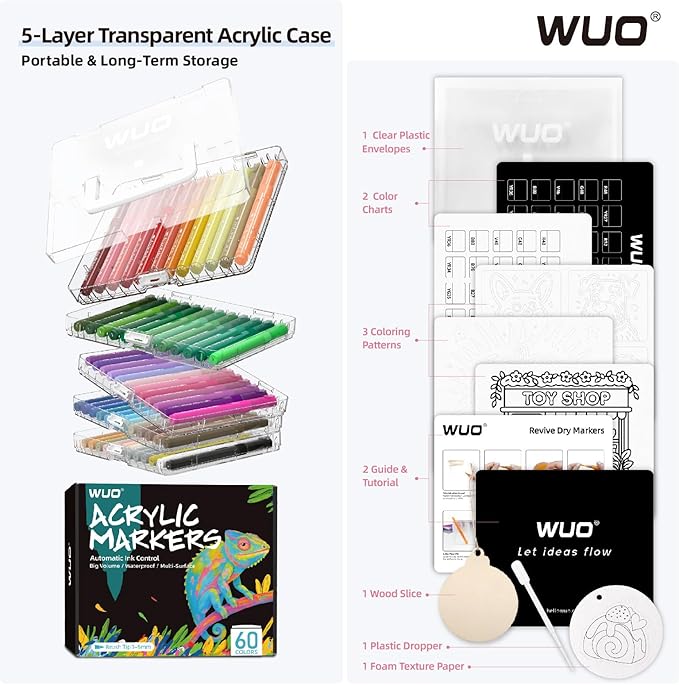 WUO 60 Colors Acrylic Paint Markers (2 Metallic), Automatic Ink Control Brush Tip for Multi-Surface, Water-Based No-Bleed Markers Acrylic Paint Pens for Rock Painting, Wood, Canvas, Glass, DIY Crafts