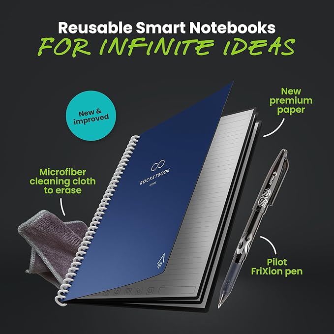 Rocketbook New Core Reusable Spiral Notebook, Letter Size 8.5x11, Navy Blue - Lined Pages, App-Connected, Erasable, Durable Cover, Ideal for School, Work, and Creative Projects