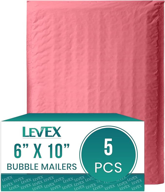 Levex - #0 6" x 10" [5 Pack] Pink Poly Bubble Mailers, Padded Envelope Mailers, Packing Envelope & Mailing Bags for Shipping