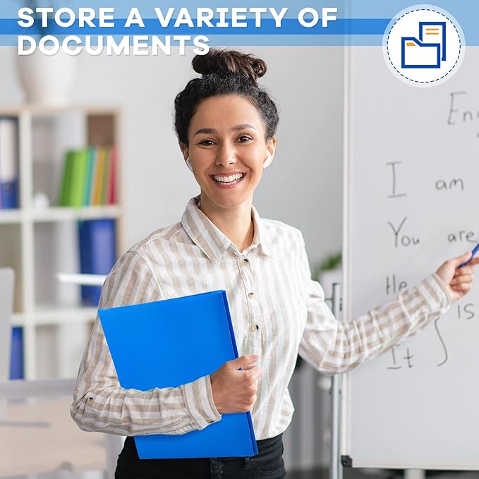 Henoyso 100 Pcs Plastic Folder with Clear Front Pocket and 3 Prong Plastic Folders with Card Slot Pocket Folders with Prongs for School Office (Blue)