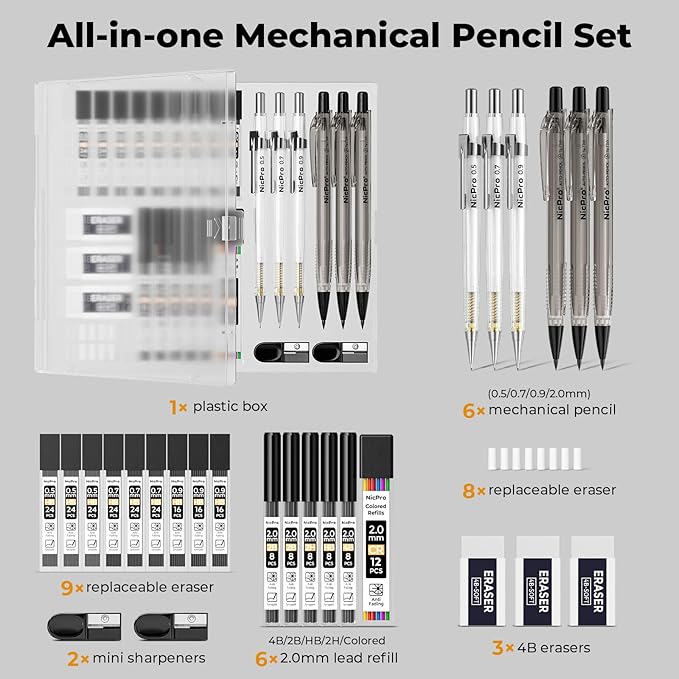 Nicpro 6 PCS Art Mechanical Pencils Set with Case, Drafting Pencil 0.5 & 0.7 & 0.9 mm and 3PCS 2mm Lead Holder (4B 2B HB 2H Colors) For Art Writing, Sketching Drawing,With Lead Refills Erasers