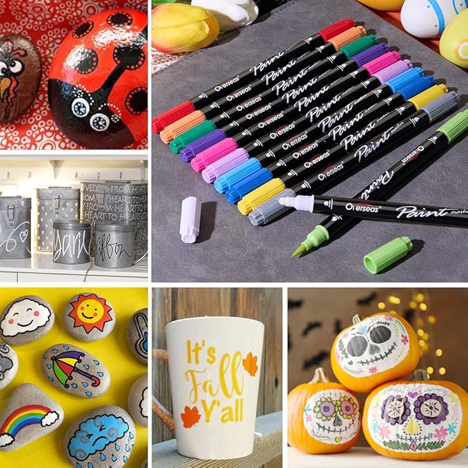 Overseas Blue Acrylic Paint Markers, 6 Pack Dual Tip Paint Pens Acrylic Markers - Dot and Brush Tip Coloring Marker for Wood, Rock, Canvas, Glass, Metal, Plastic, Rubber, Fabric, School Supplies