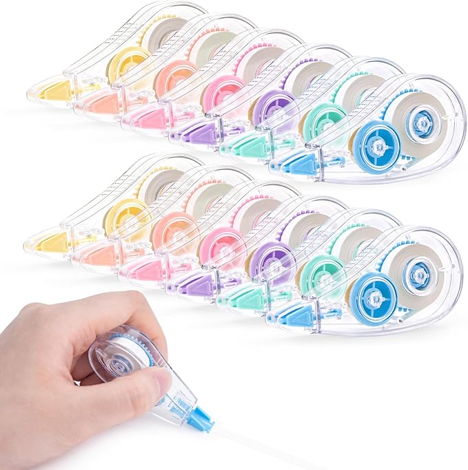 12 Pcs Colorful Core Correction Tape, 18.04 Ft White Wrong Out Tear-Resistant Bulk, Instant Corrections Easy To Use Applicator for School, Office, Note Taking, Journal (Tape Width 0.2 in)