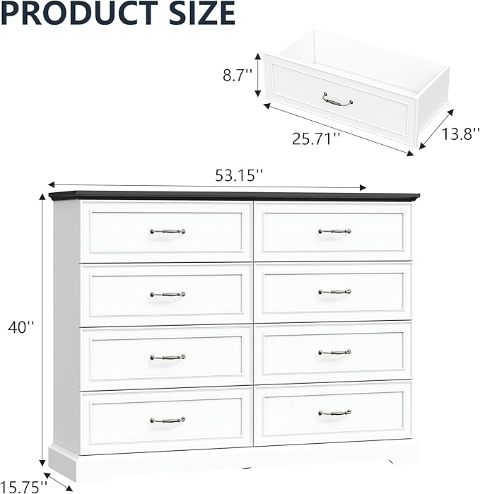 8 Drawer Dresser for Bedroom, 53" Wide Wooden Chest of Drawers, Rustic Farmhouse Dresser with Large Drawers & Metal Handles, Modern Storage Organizer for Closet, Living Room, Hallway, White