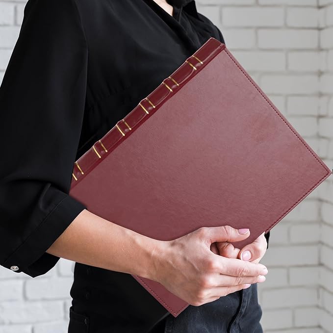 Vintage Hardback 3 Ring Binder 1 Inch, Professional Leather Binder 3 Ring, Three Ring Binders Fits 8.5" x 11", D Ring Binders for Photo Album, Home, School and Office Supplies- Dark Red