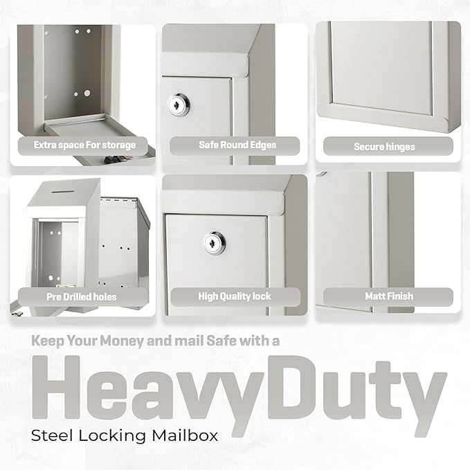 Metal Donation Box-Suggestion Box with Slot and lock-Cash Lock box for Money-Secure Drop Box-Comment and ballot voting box-comes with pre-drilled holes for easy wall mounting 10 X 6 X 2.5"(Off White)