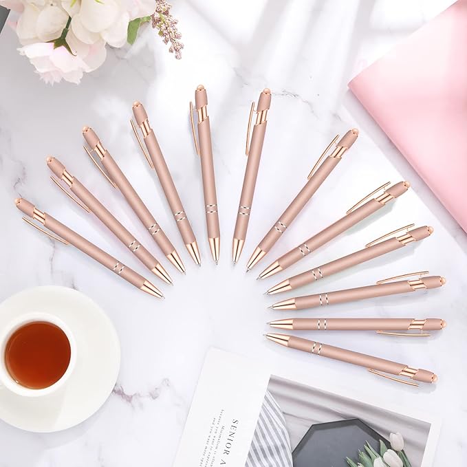 Tenare 12 Pieces 2 in 1 Stylus Metal Ballpoint Pen with Stylus Tip, 1.0 mm Black Ink Ballpoint Pen for Touch Screens(Rose Gold)
