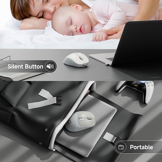 EWEADN Q5 Wireless Mouse, Bluetooth & 2.4G Quiet Computer Mouses with 1600 DPI, Battery Level Display, Ergonomic Office Mouse,6 Button Portable Cute Cordless Mice for Laptop/PC/Mac- Grey