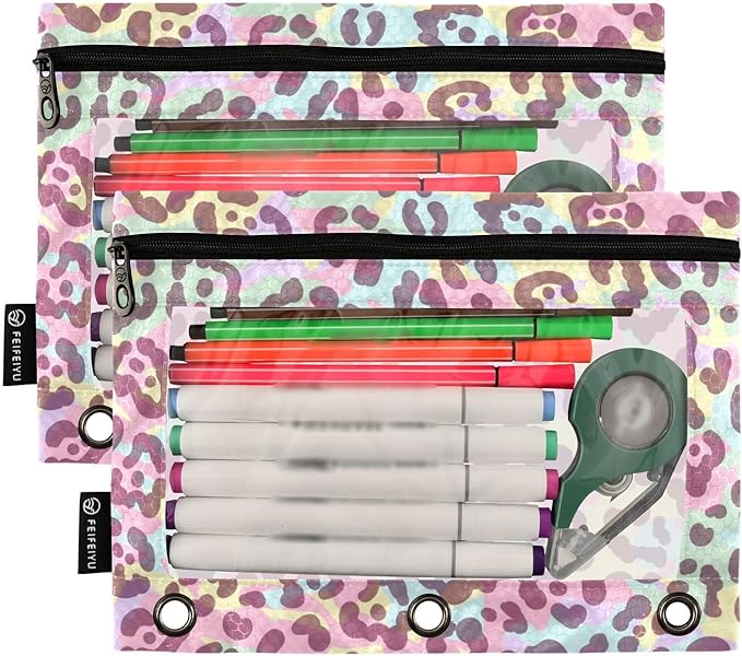 ZAZYXTJ Personalized Leopard Print Binder Pencil Pouchs 3 Ring with Zipper Clear Window Office Organizers bag for School Students Teacher Supplies 2 Pack