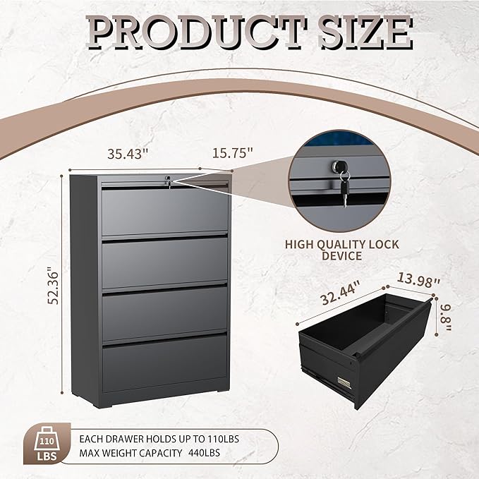 4 Drawer Lateral File Cabinet with Lock, Metal File Cabinet, Lateral File Cabinets for Home Office, Heavy Duty File Storage Cabinet for Legal/Letter/A4 Document, Assembly Required, Black