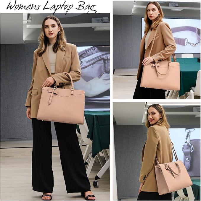 RAINSMORE Laptop Bag for Women 15.6 Inch PU Tote Bag Business Office Work Bag Waterproof Briefcase Computer Tote Lightweight Handbag Shoulder, Khaki