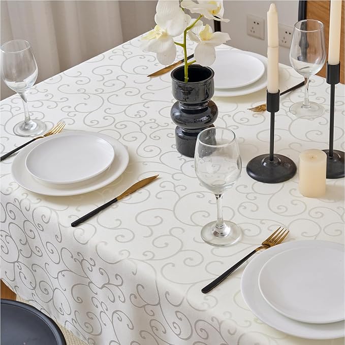 Romanvicky Christmas Jacquard Tablecloth White Floral Pattern Rectangle Table Cloth Spill Proof Wrinkle Resistant Polyester Table Cover for Party, Dining, Thanksgiving Decoration, 52 x 70 Inch