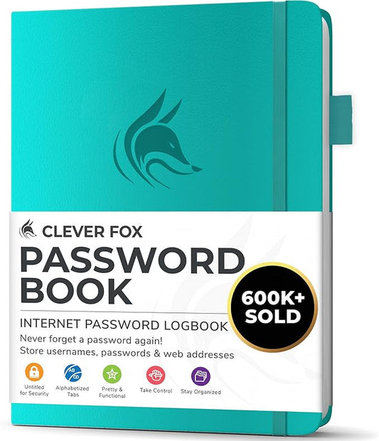 Clever Fox Password Book with alphabetical tabs. Internet Address Organizer Logbook. Small Pocket Password Keeper for Website Logins (Turquoise)