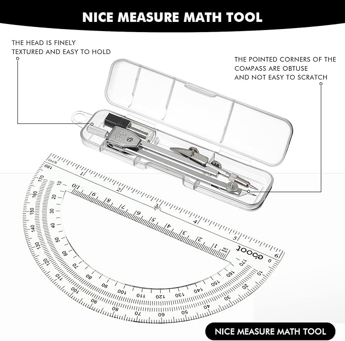Zonon 2 Set Protractor and Compass Set, Student Geometry Math Set Drawing Compass and 6 Inch Clear Swing Arm Protractors 180 Degree Math Protractor