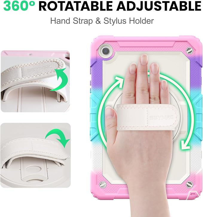SEYMAC Case for Samsung Galaxy Tab A9+/ A9 Plus 11" (SM-X210/X216/X218), Heavy Duty Shockproof Protective Case with Screen Protector, Rotating Stand, Hand/Shoulder Strap, Pink