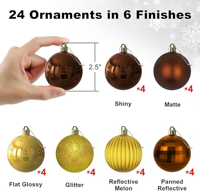 Bronze & Gold 2.5" Christmas Balls Christmas Tree Decoration Ornaments Shatterproof Hanging Balls for Birthday Halloween Holiday Wedding Decorations Set of 24pcs