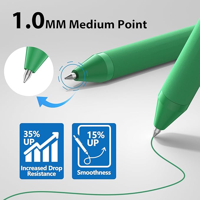 52 Pcs Pens Bulk - 1.0MM Ballpoint Pens Green Ink | Medium Point Smooth Writing, No Bleed Retractable Ball Point Pen for Office School (Dark Green - 52Pcs)