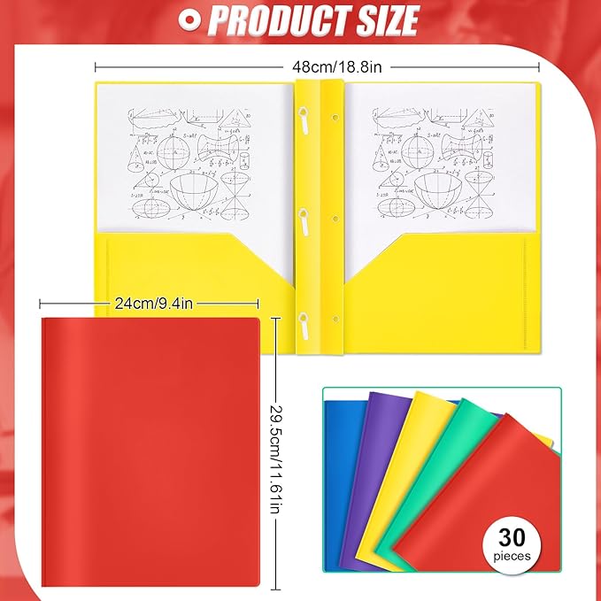 Yeaqee 30 Pcs Plastic Folders with Pockets and Prong Plastic Folders with 2 Pockets Pocket for Office, School for Students, Teachers, Office Workers (Multicolor)