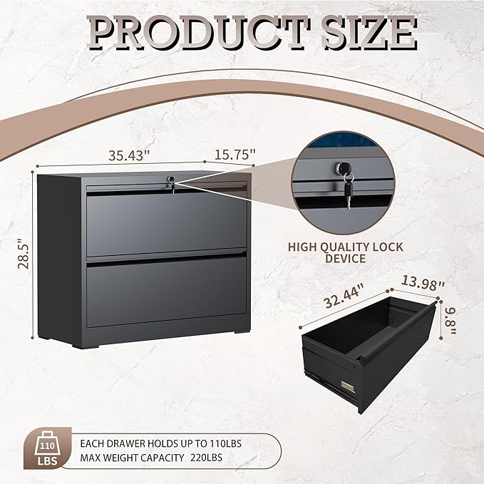 2 Drawer Lateral File Cabinet with Lock, File Cabinet, Metal Lateral Filing Cabinets for Home Office, File Storage Cabinet for Legal/Letter/A4 Documents, Assembly Required (Black, 35'W)